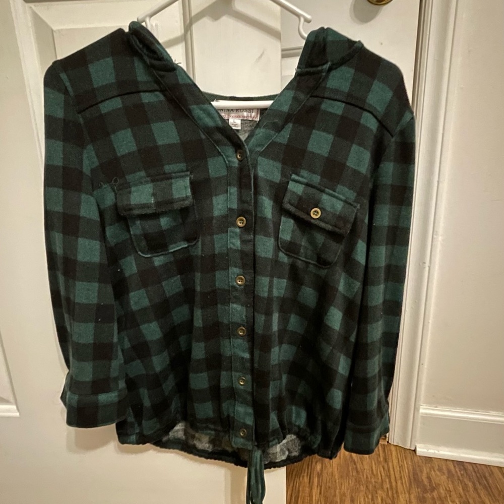 Green Cropped Hooded Button-Up Flannel